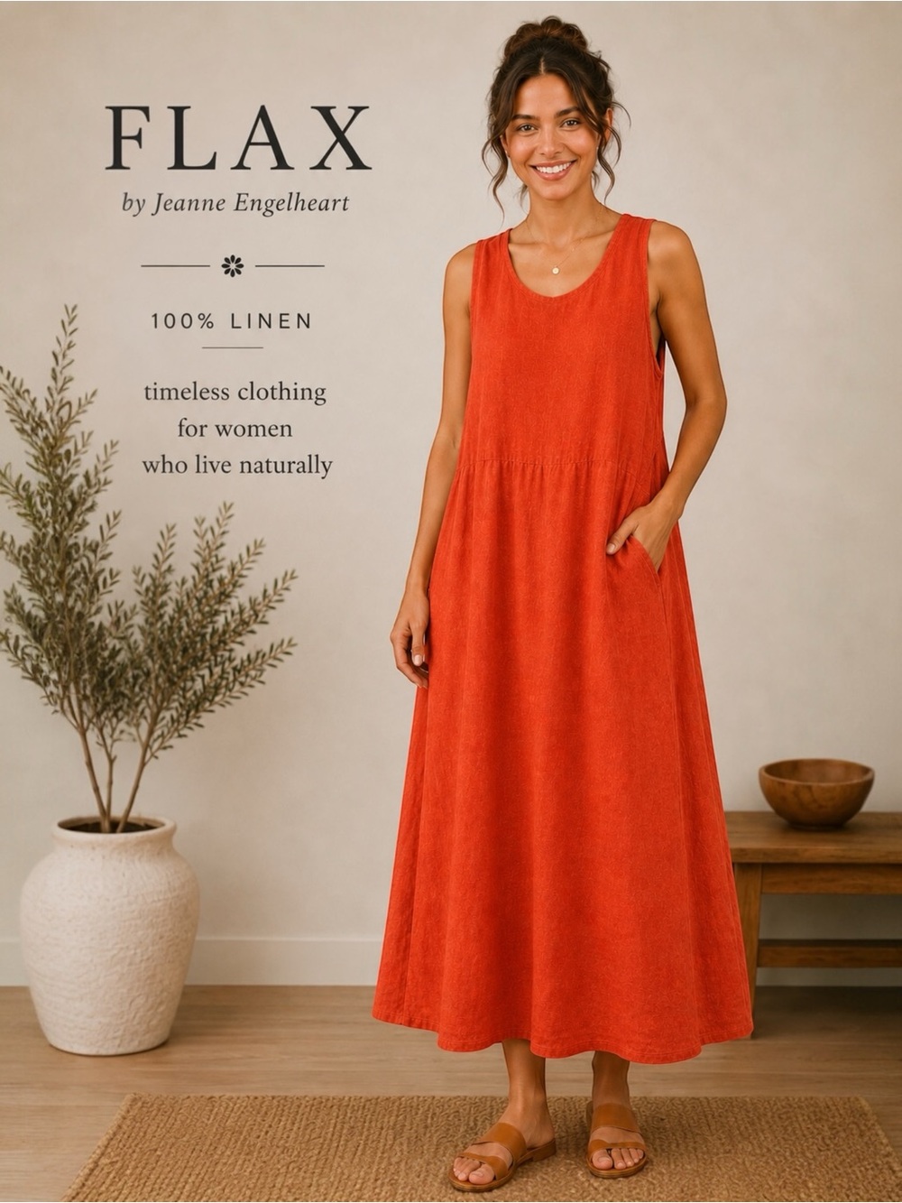 FLAX Linen Orange Lagenlook Midi Tank Dress Sleeveless Pockets Coastal Sz Medium